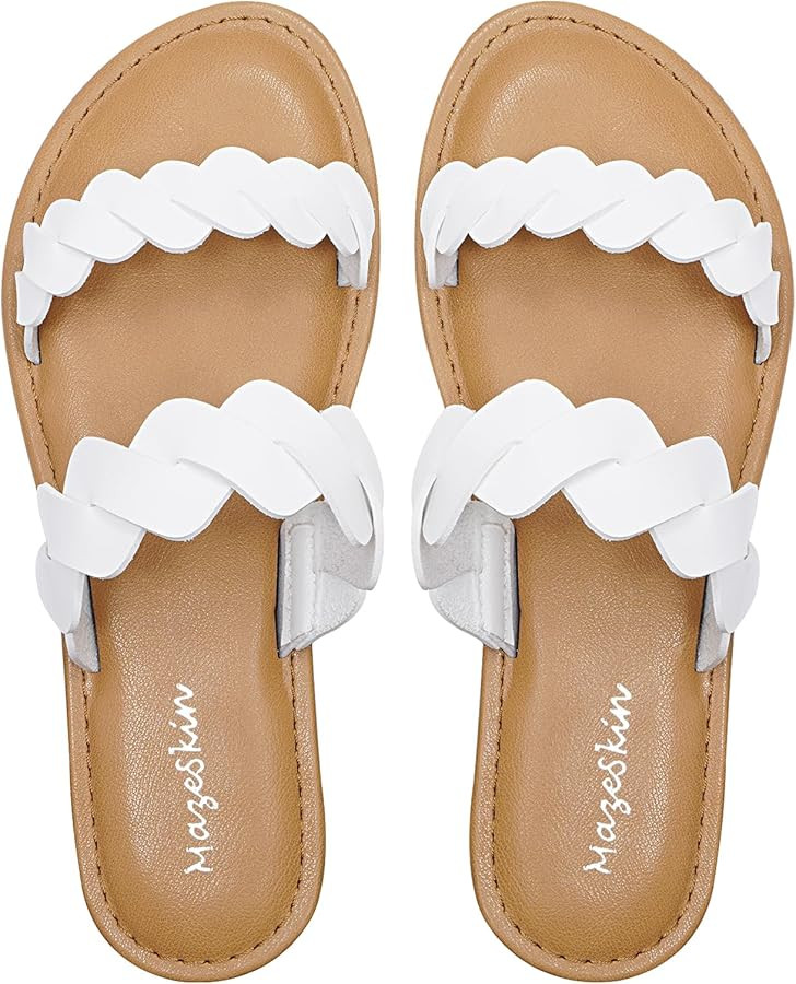 mazeskin Women's Memory Foam Two Braid Band Comfortable Summer Straps Flat Slide Sandals | Amazon (US)