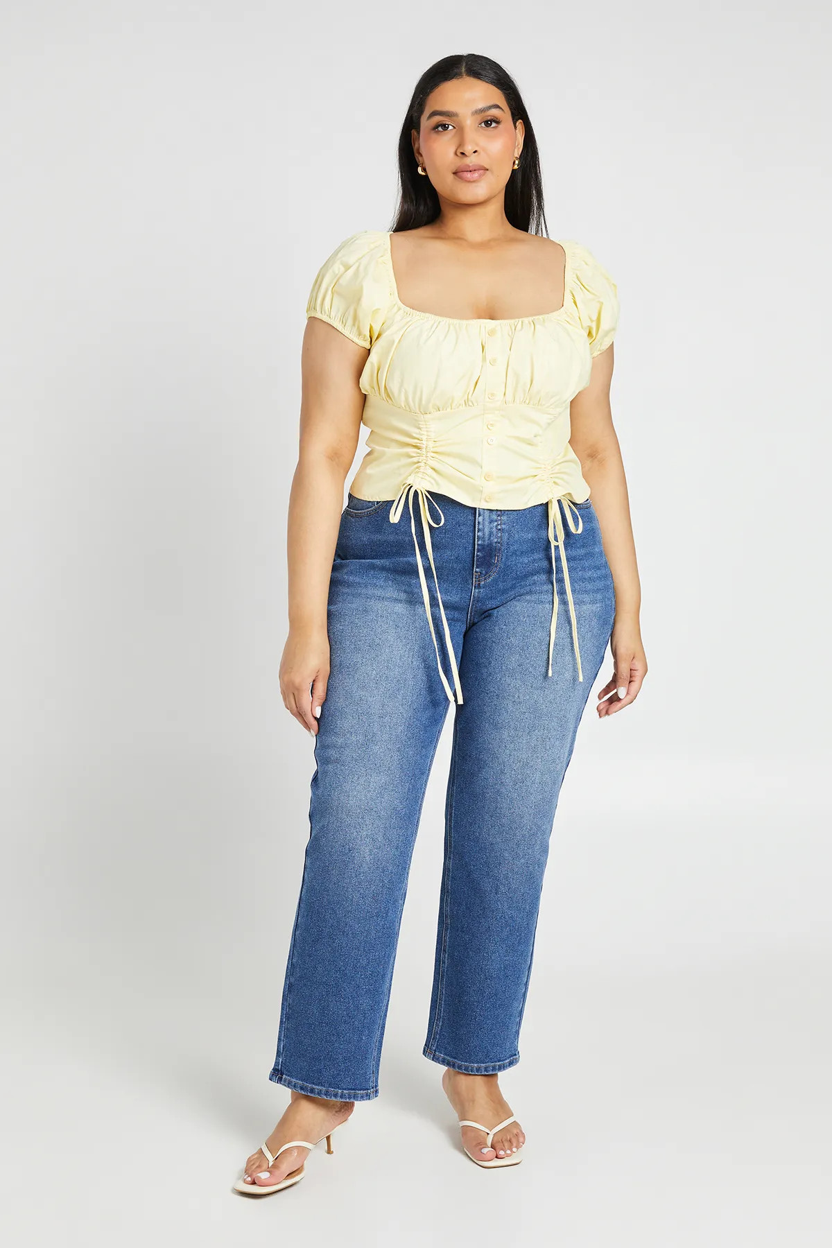 boohoo Women's Plus Button Down Puff Sleeve Top in Lemon | Size: 14 | Cotton/Polyurethane | boohoo (US & Canada)