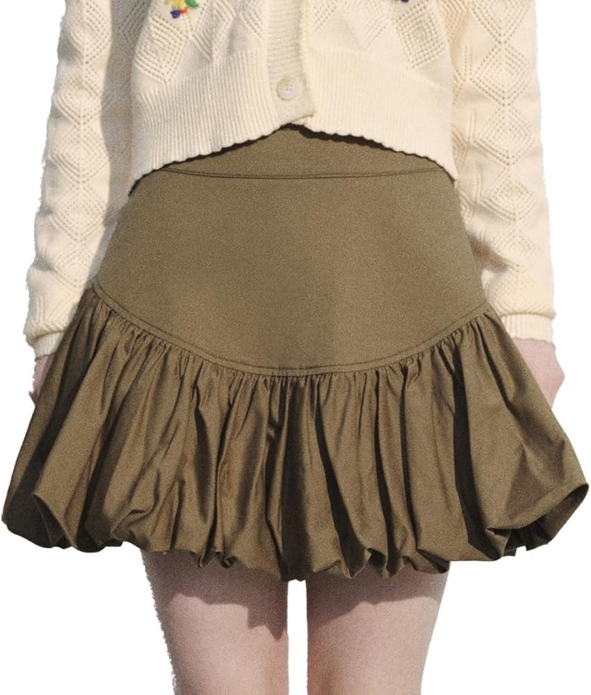 Women Bubble Mini Skirt Elastic High Waist Ruffle Hem Summer Puffy A-Line Pleated Skirt | Amazon (US)