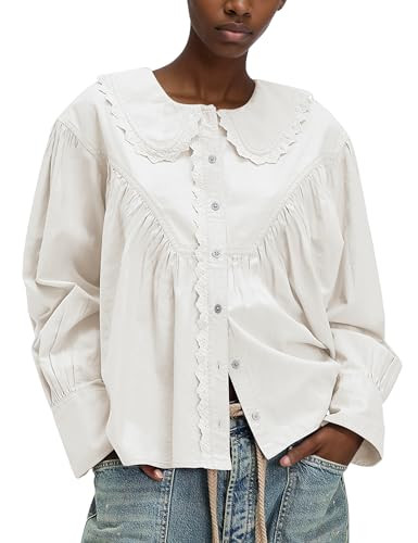 Womens Peter Pan Collar Button Down Blouses Shirts Loose Fit Casual Long Sleeve Summit Shirt | Amazon (US)