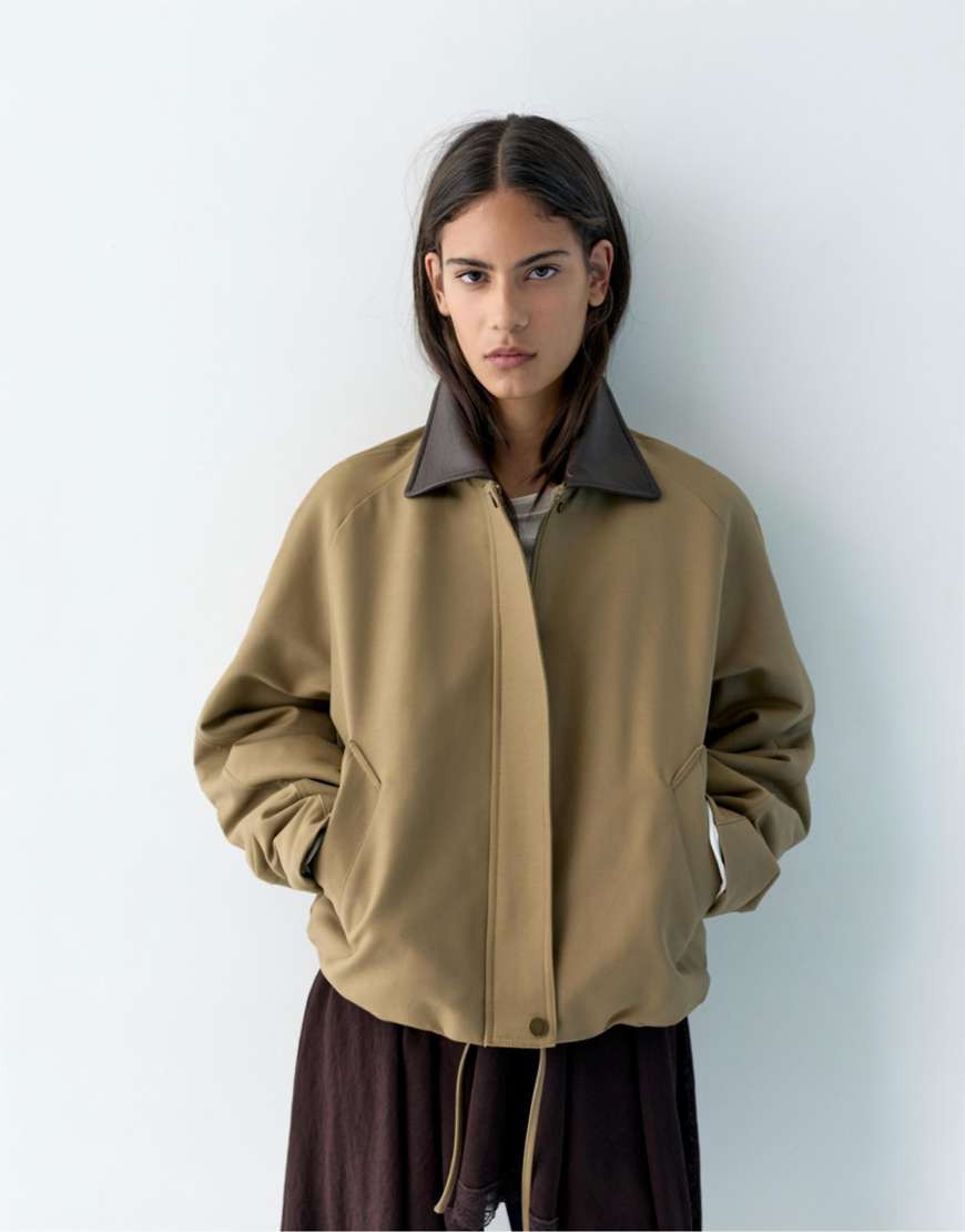 Pull&Bear Jacket with leather effect collar in ochre-Brown | ASOS (Global)