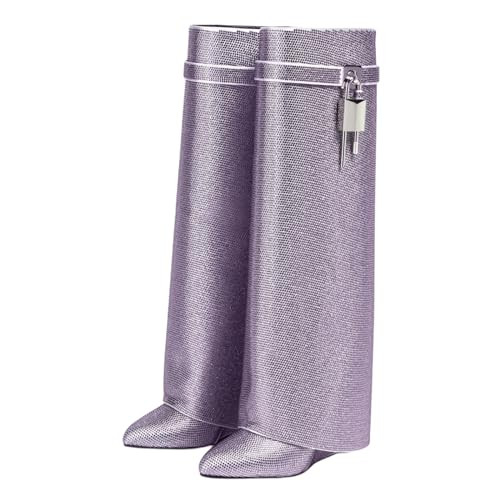 STALOV Women Fold Over Boots Rhinestone Knee High Wedge Shark Boots Glitter Pointed Toe Sparkly Booties With Padlock | Amazon (US)