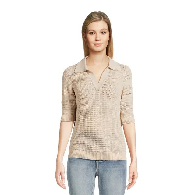 Time and Tru Women's Midweight Polo Sweater with Elbow Length Sleeves | Walmart (US)