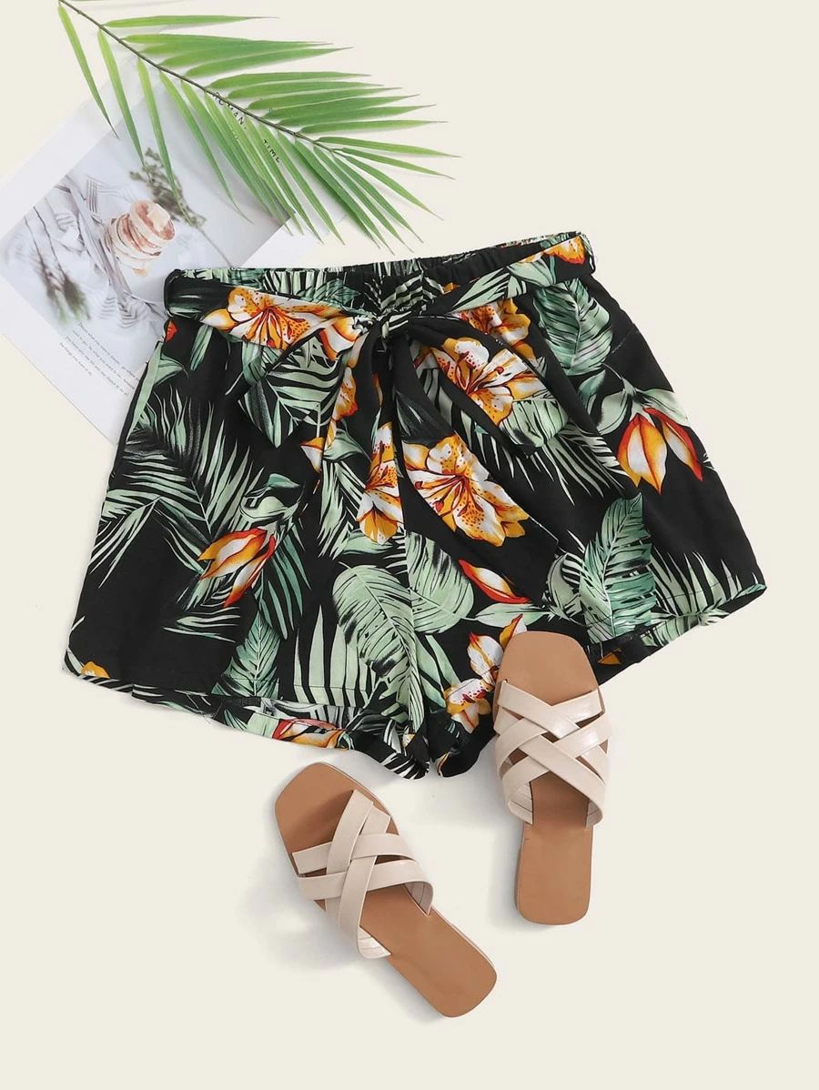 SHEIN Self Belted Tropical Print Shorts | SHEIN