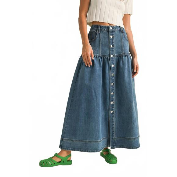 NEW MIOU MUSE button front bohemian denim maxi skirt in blue | Poshmark