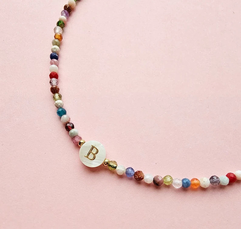 Personalized Initial Necklace: Tiny Mixed Gemstone, Mother-of-pearl Bead - Etsy | Etsy (US)