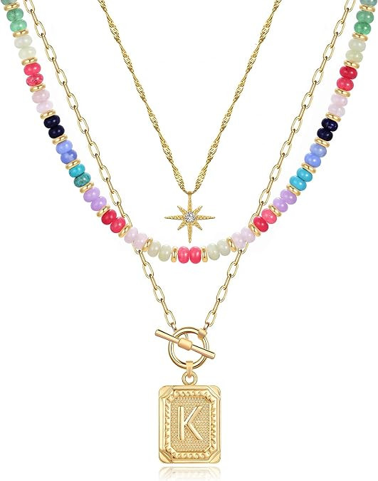 MJartoria Layered Initial Necklaces for Women | 14K Gold Plated Brass, Star Choker, Colorful Bead... | Amazon (US)
