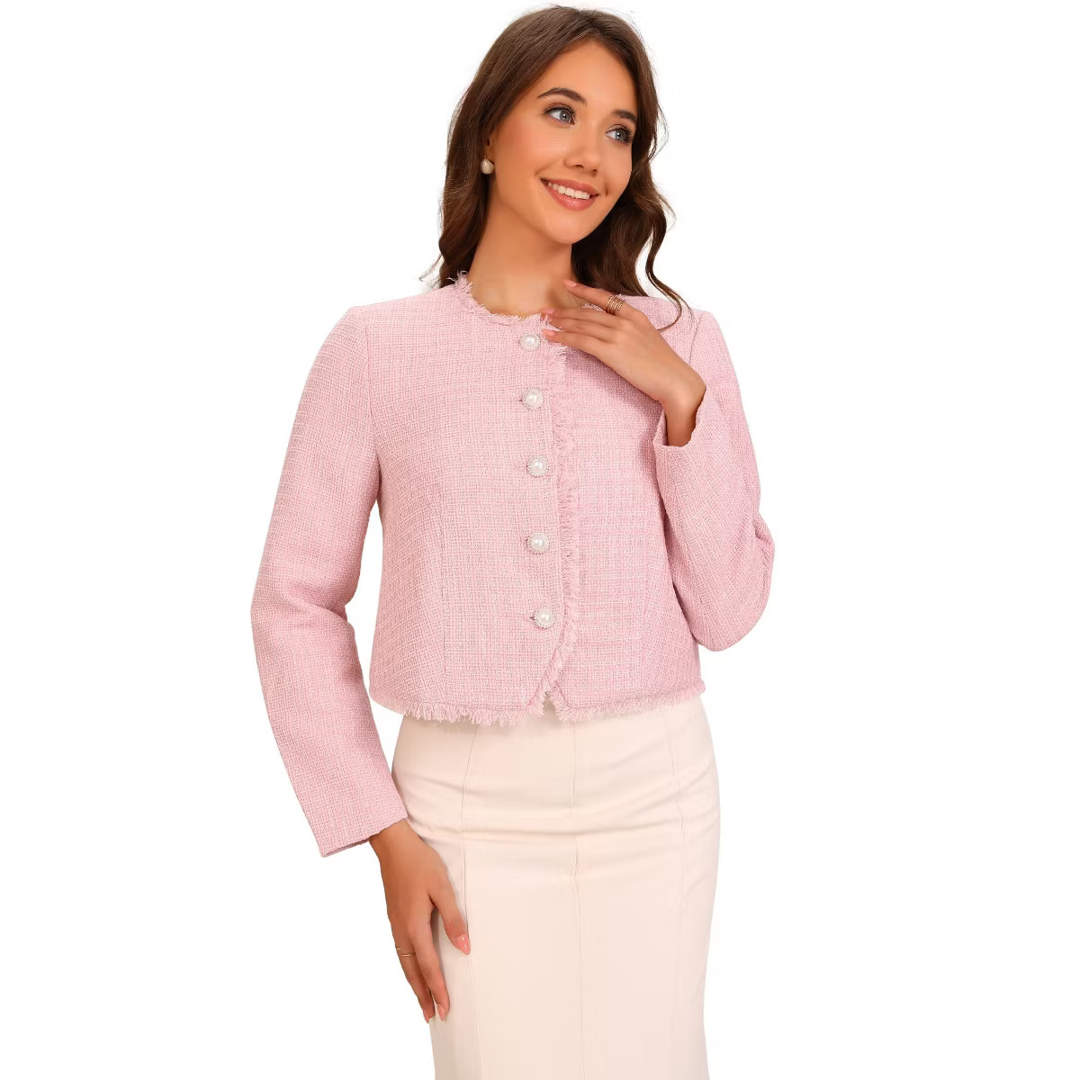 Allegra K Women's Plaid Tweed Crew Neck Cropped Button Up Elegant Work Blazer Pink Large | Target