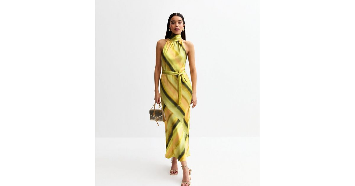 Green Satin Stripe Print Halterneck Midi Dress | New Look | New Look (UK)