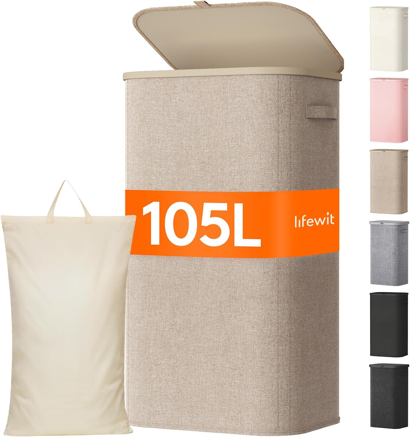 Lifewit 105L Large Laundry Hamper with Lid, Removable Inner Bag, Beige | Amazon (US)