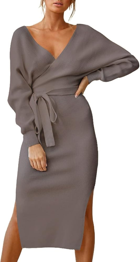 Cutiefox Women's Elegant V Neck Wrap Sweater Dress Long Sleeve Bodycon Knit Midi Dress with Belte... | Amazon (US)