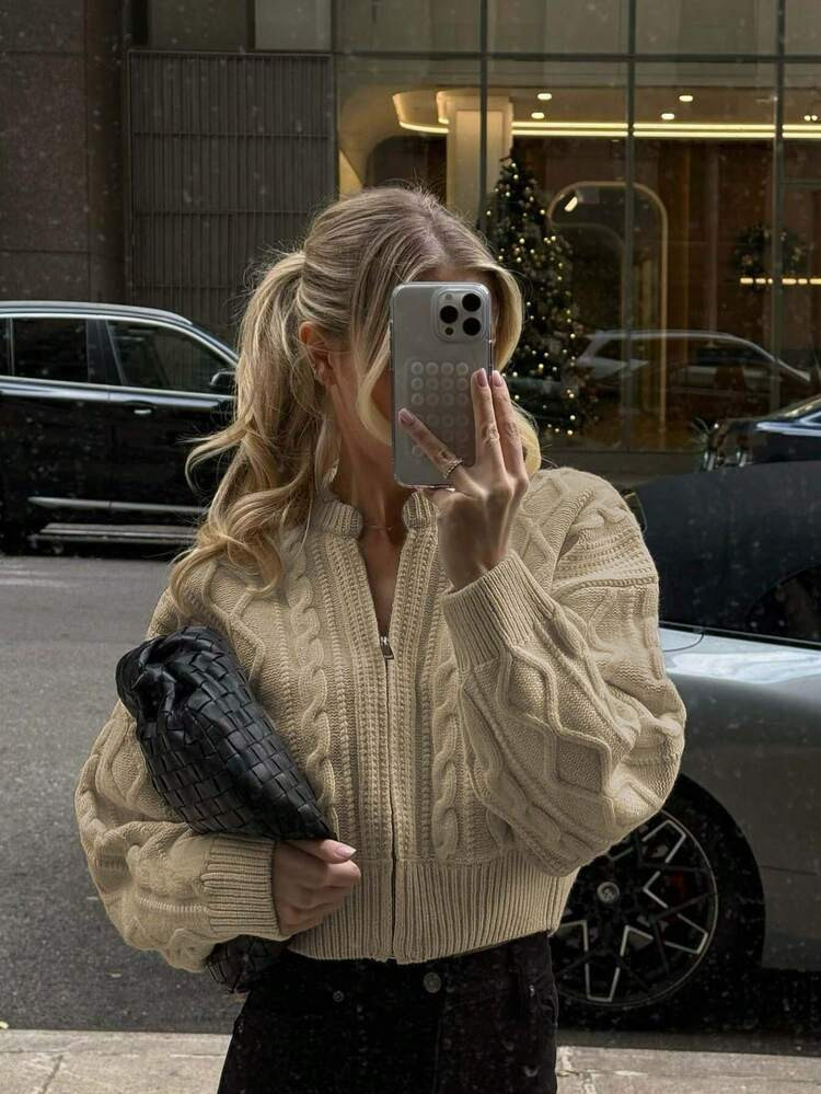 Senya Autumn And Winter Women's New Zip Casual Knit Cardigan, Crew Neck Ribbed Twisted Long Sleeve Knit, Loose, Everyday, Commuter, Office, Graduation, Back To School Short Sweater Top,Valentine's Day Women's Winter Sweaters,New Year Outfit | SHEIN