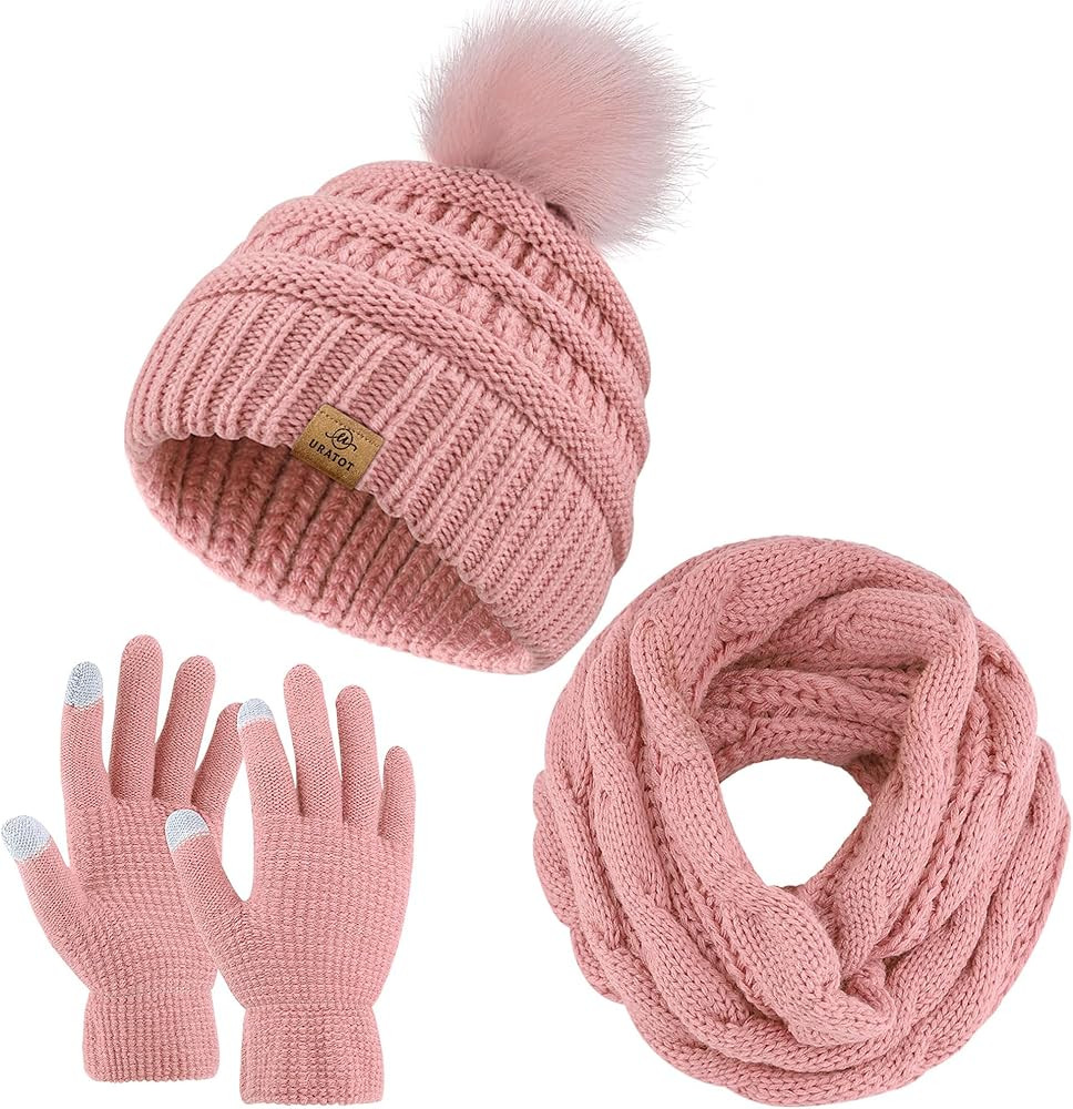 URATOT Winter Warm Knitted Sets Beanie Pompom Hat Scarves Winter Touchscreen Gloves Scarf Set for... | Amazon (US)