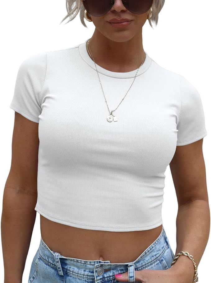 LEEDYA Womens Crop Tops Summer Short Sleeve Crew Neck Cute Basic Tees Slim Fit T Shirts 2024 Y2K | Amazon (US)