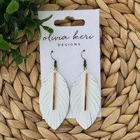 White Leather Feather Earrings Boho Dangles With Gold Bar | Etsy (US)