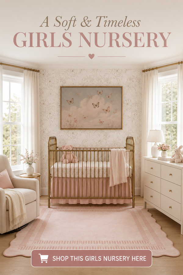 Create a dreamy girls nursery with timeless blush tones, floral wallpaper, a brass crib, butterfly wall art, and elegant