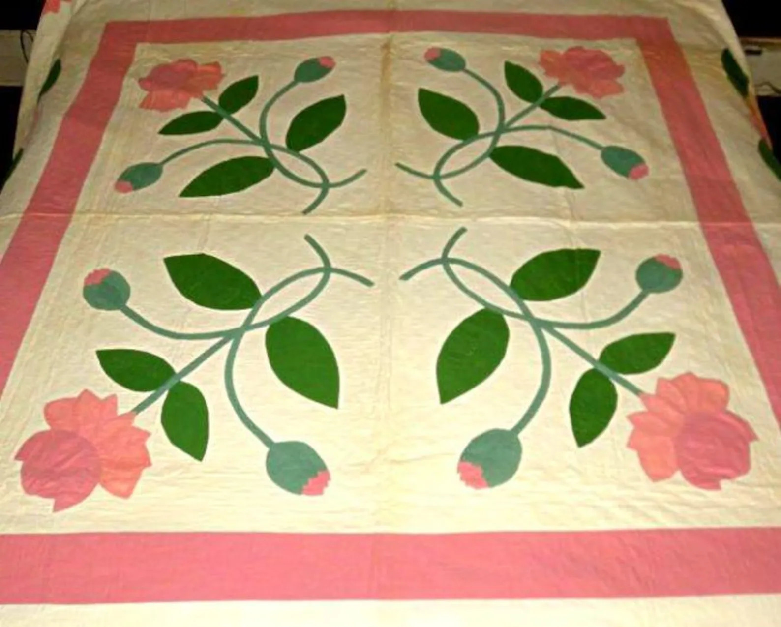 APPLIQUE TULIP QUILT,83x81" hand stitched cotton vintage handmade queen full double quilt,pink,gr... | Etsy (US)