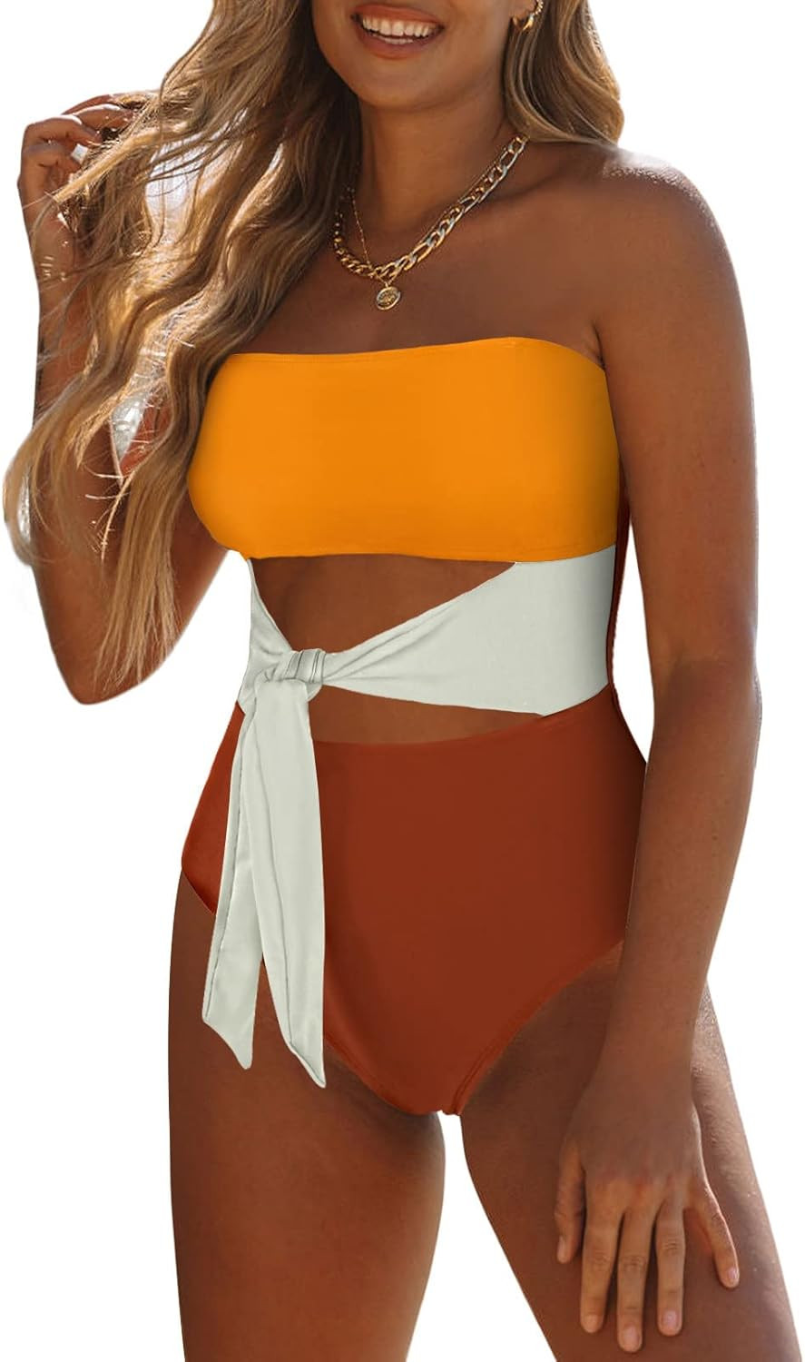 Viottiset Women's Bandeau One Piece Swimsuit Strapless Tie High Cut Out Bathing Suit | Amazon (US)