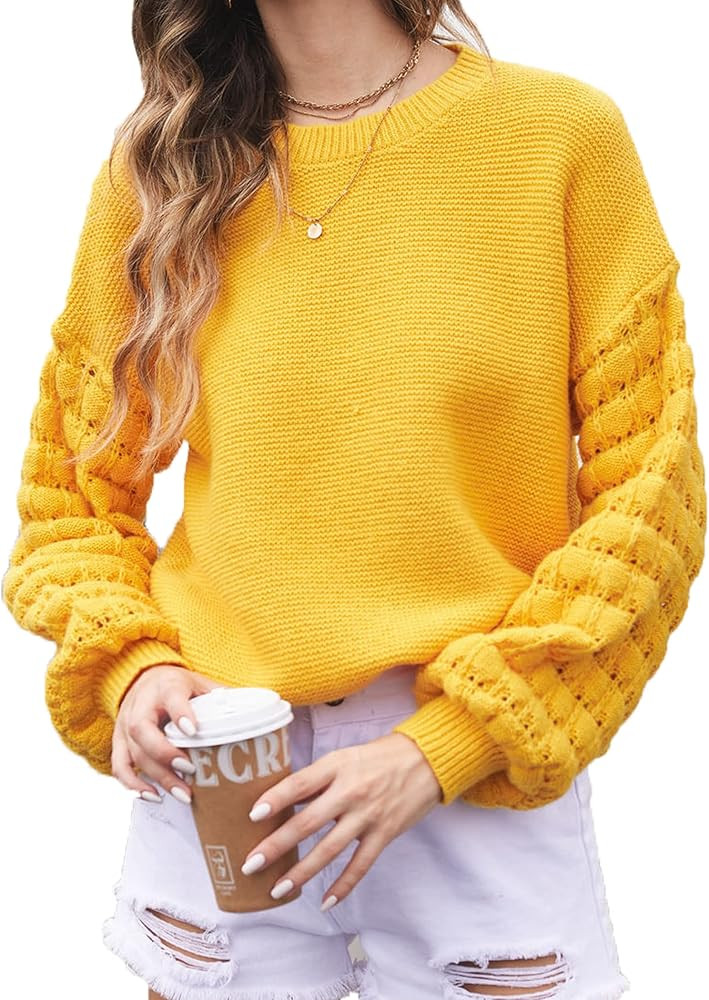 HOTOUCH Women Crewneck Puff Sleeve Pullover Sweater Casual Knitted Jumper Tops Yellow | Amazon (US)