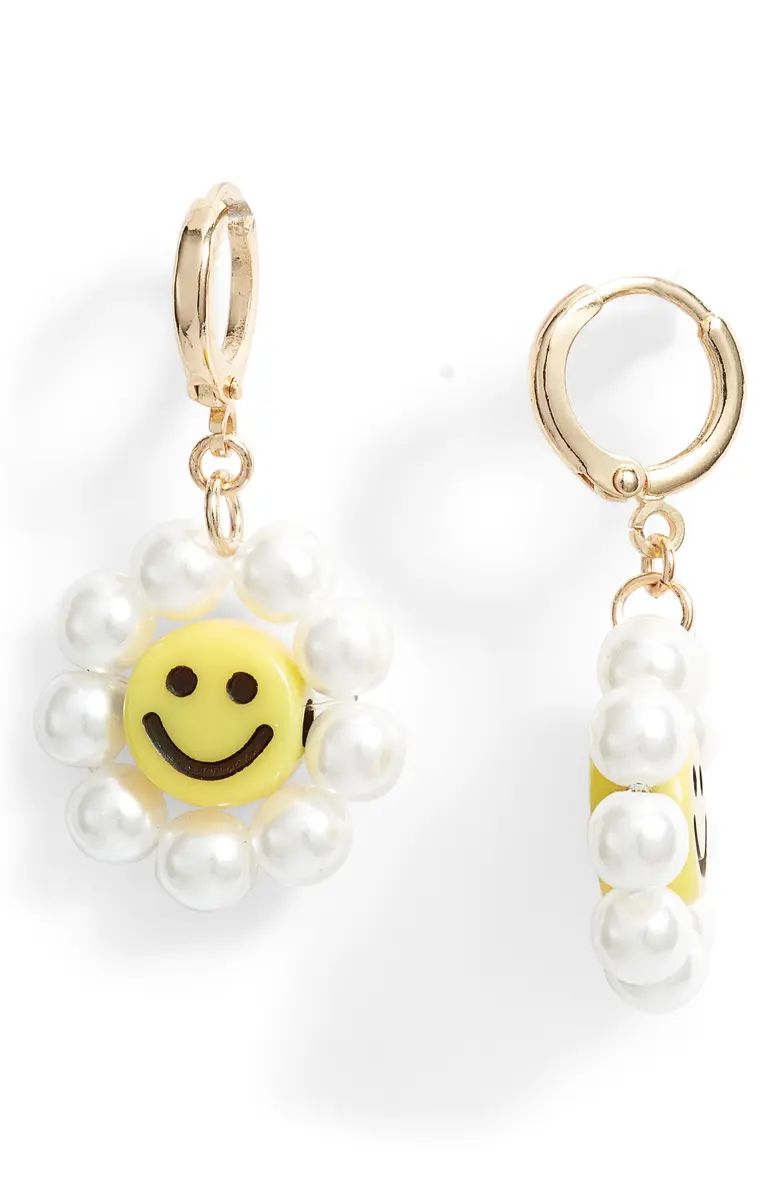 Smiley Face & Imitation Pearl Huggie Drop Earrings | Nordstrom