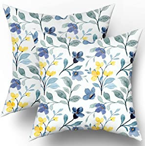 Yellow Blue Floral Throw Pillow Covers 18x18 Inch Watercolor Sage Green Leaves Decorative Pillow ... | Amazon (US)