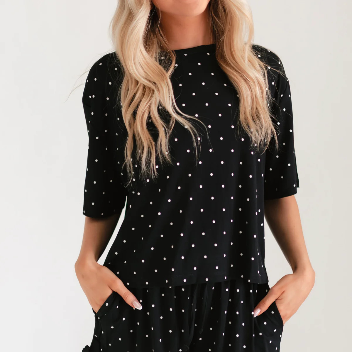 Women’s Ruffle Short Set in Black Polka Dot | Silks Design