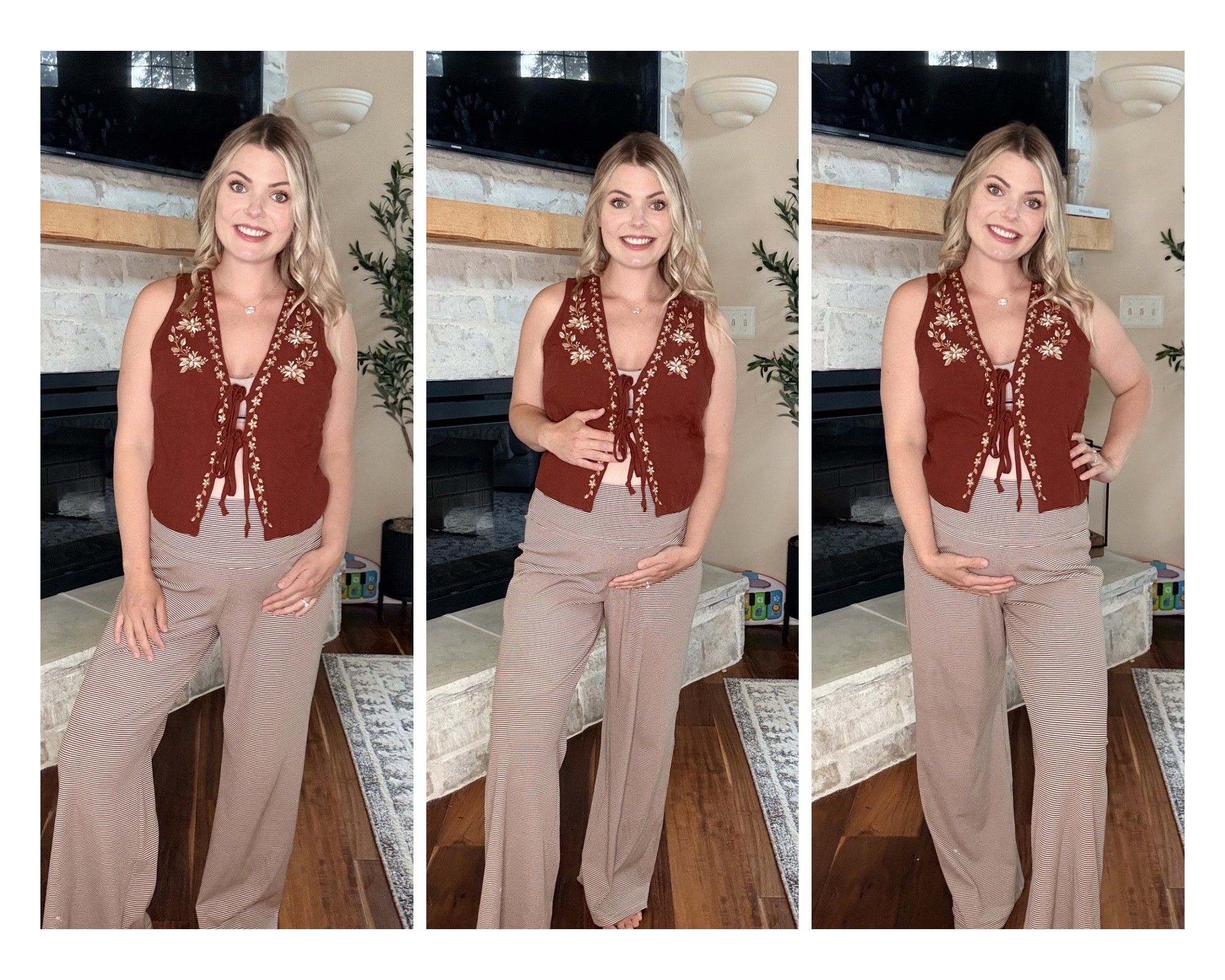 Amazon outfit 
Lounge pants with Women's Boho Floral Embroidery V Neck Tank Top Tie Front Sleeveless Tops

Bump friendly 
Sized up to a medium in everything 

#LTKSaleAlert #LTKBump #LTKPetite