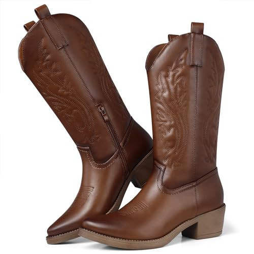 TEMOFON Cowboy Boots for Women Western: Wide Mid Calf Cowboy Boot - Brown Leather Woman Booties - Cowgirl Boot Ladies Pointed Low Heel Size 8.5 | Amazon (US)