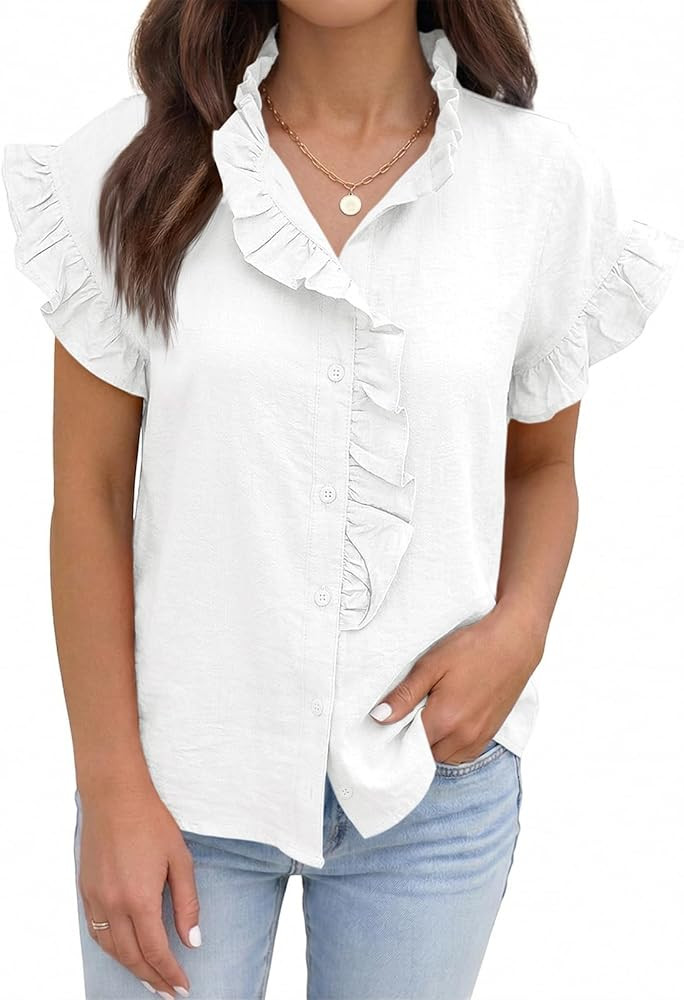 Tankaneo Womens Ruffle Cap Sleeve Button Down Shirts Summer Dressy Casual Blouses Loose Fit Cute ... | Amazon (US)