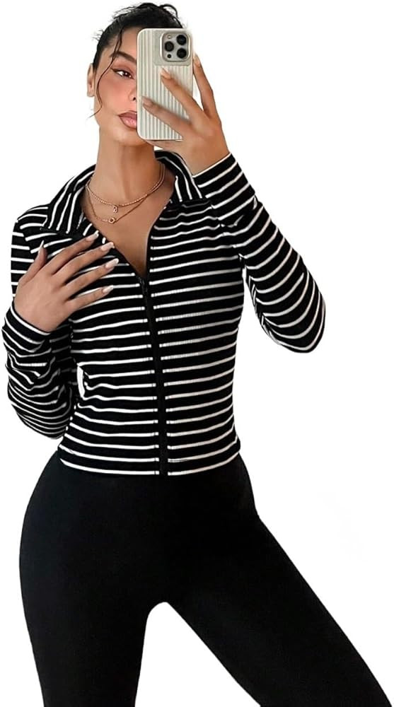 Casual jackets for women Casual Black & White Striped Zip-Up Knit Jacket | Amazon (US)