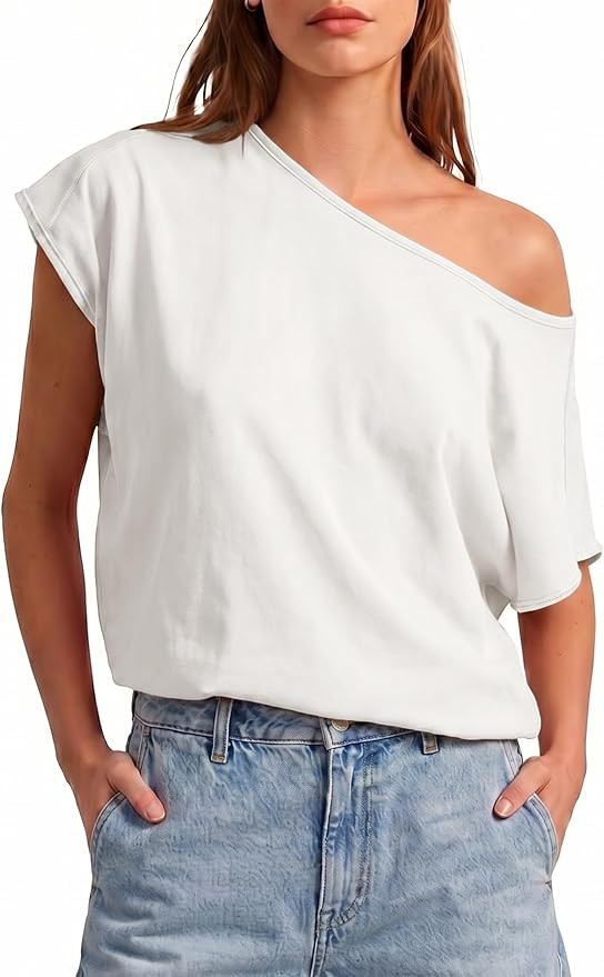 Womens Summer Off The Shoulder Boat Neck Tops Casual Short Sleeve Basic Tee Loose Cotton T-Shirt | Amazon (US)