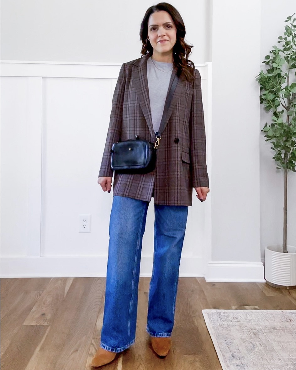 Monthly outfit planner NOVEMBER: Planner to person: Fall outfits | brown plaid blazer, gray tee, full length denim, boots, crossbody satchel

#falloutfit #classicstyle #casualstyle 

Image inspo credit: Pinterest 

#LTKSeasonal #LTKStyleTip