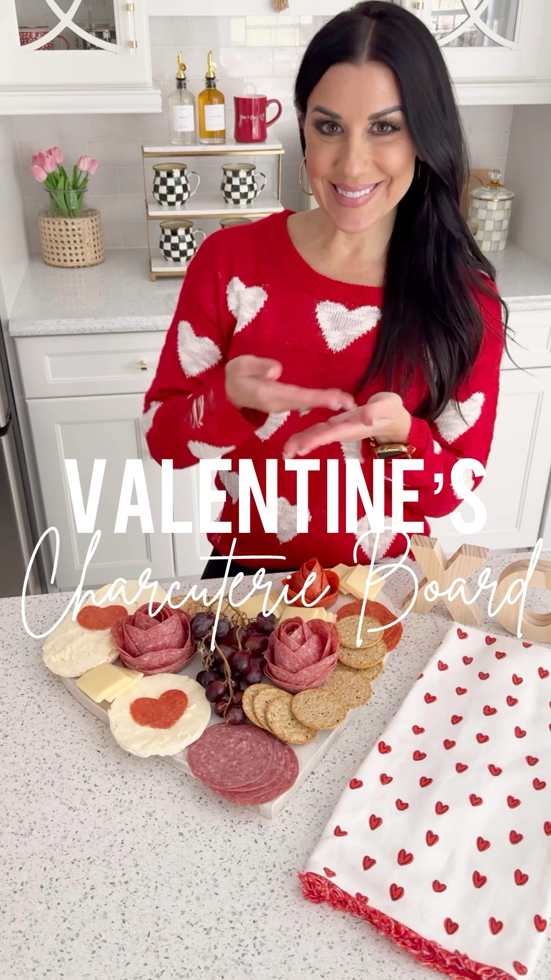 Valentine’s Day charcuterie board, heart sweater, heart serving platter 