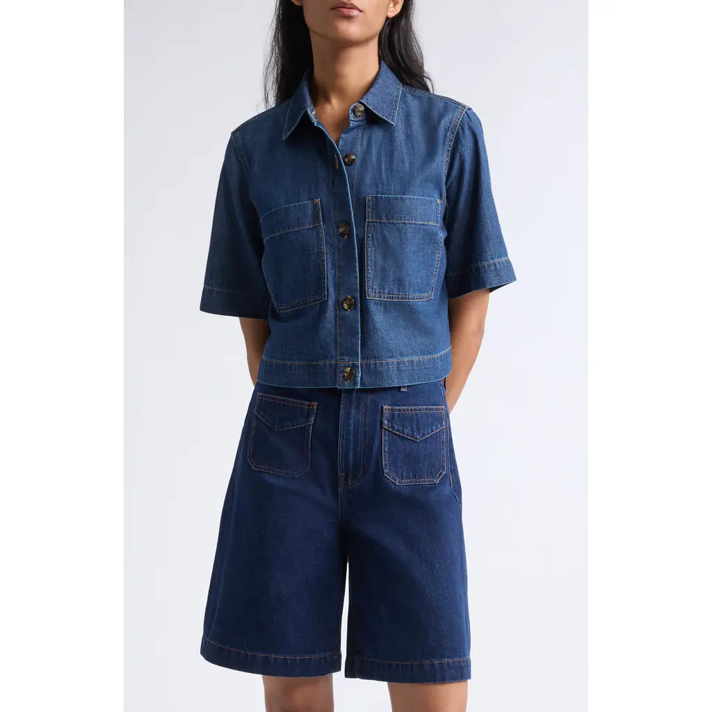 Veronica Beard Spruce Cotton & Silk Blend Denim Button-Up Top in Starry Night at Nordstrom, Size 2 | Nordstrom