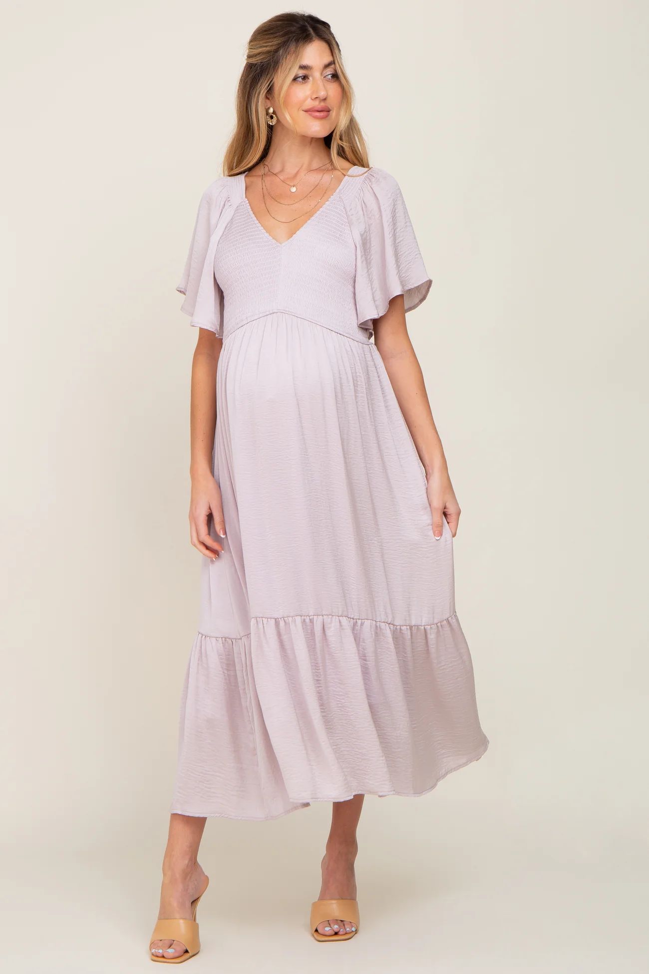 Grey Lavender Satin Smocked Maternity Midi Dress | PinkBlush Maternity