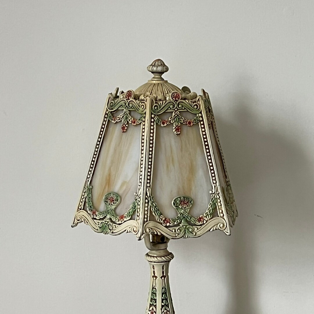 Table Lamp Antique Barbola Iron French Boudoir Dresser Lamp with Slag Glass and Cast Metal Shade | Etsy (US)