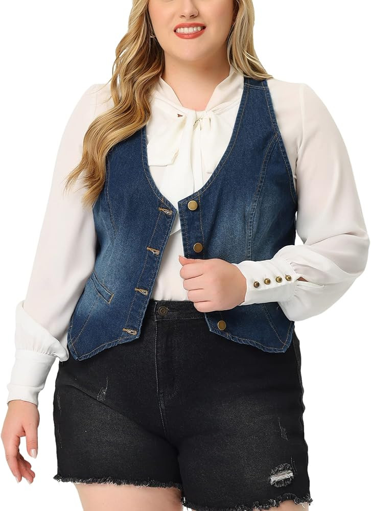 Agnes Orinda Plus Size Denim Vests for Women Vest Tops Button Down Jean Waistcoat Casual Sleevele... | Amazon (US)