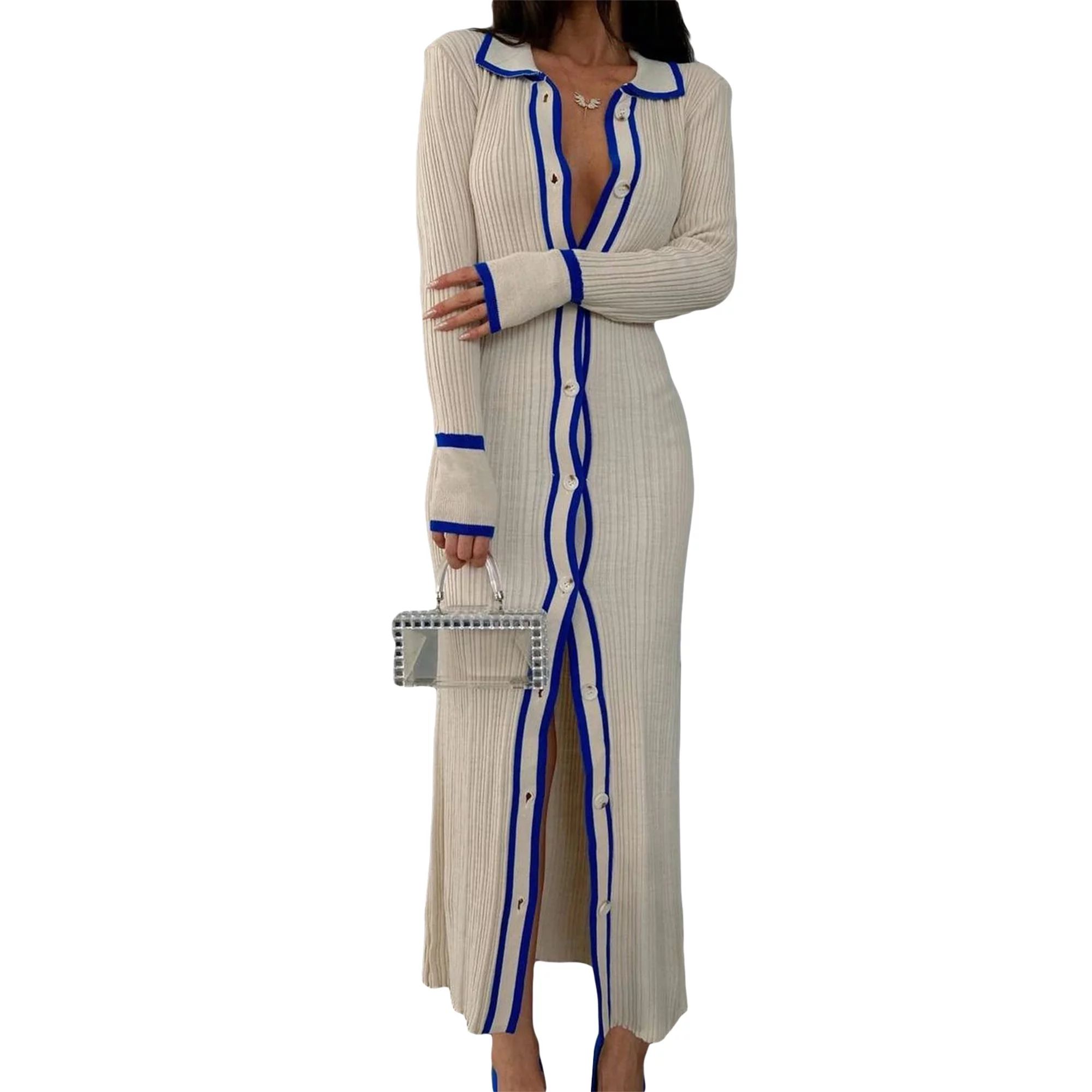 CAITZR Women's Ribbed Knit Bodycon Maxi Dress Basic V Neck Long Sleeve Button Down Sweater Dress | Walmart (US)