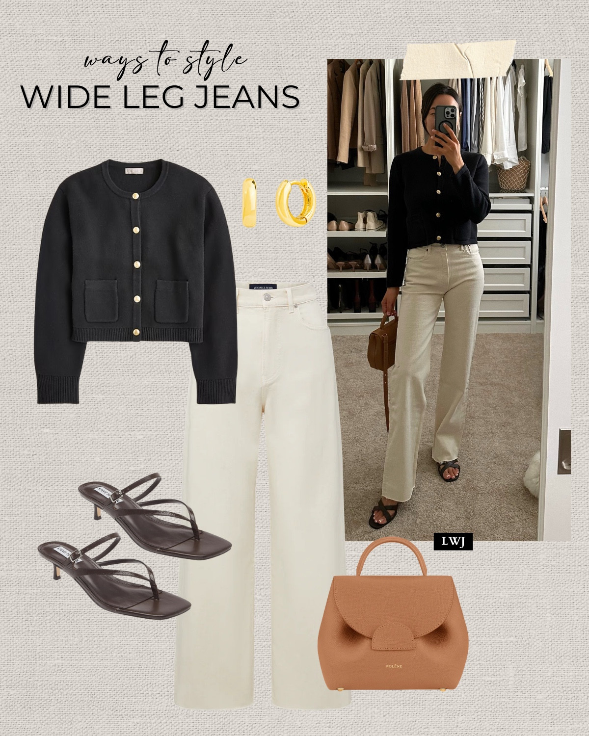 Styling wide leg jeans for spring 

Black cardigan 
Ecru jeans 
Heeled sandals 
Purse 

#LTKStyleTip #LTKSeasonal
