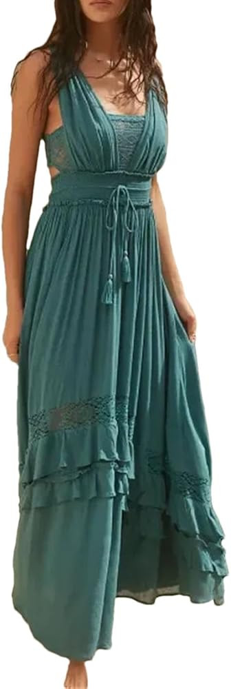 Women's Style Beach Long Dress Open Back Lace Up with Tassels and Ruffles Cut Out Solid Color Dre... | Amazon (US)
