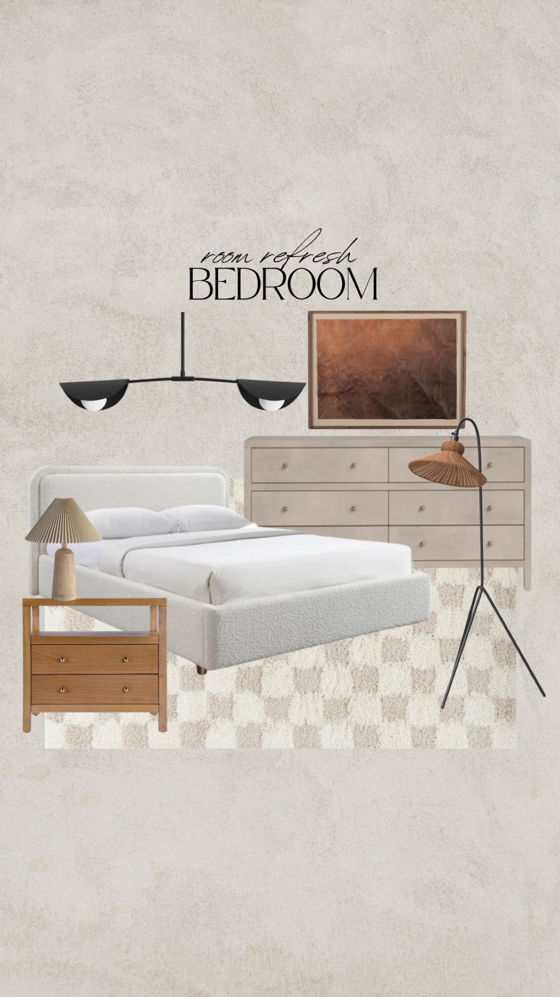 Bedroom refresh from Wayfair, four hands, boucle bed frame, cream bed frame, platform bed frame, king bed, queen bed, checkered rug, wood nightstand, honey oak, white oak, distressed dresser, white wash dresser, orange wall art, wicker floor lamp, rattan floor lamp, tan floor lamp, black metal, black chandelier, modern chandelier, wooden table lamp

#LTKHoliday #LTKHome #LTKSaleAlert