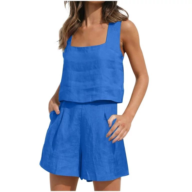 2023 Womens 2 Piece Outfits Square Neck Linen Crop Tank Top Short Set Lounge Matching Sets Summer... | Walmart (US)
