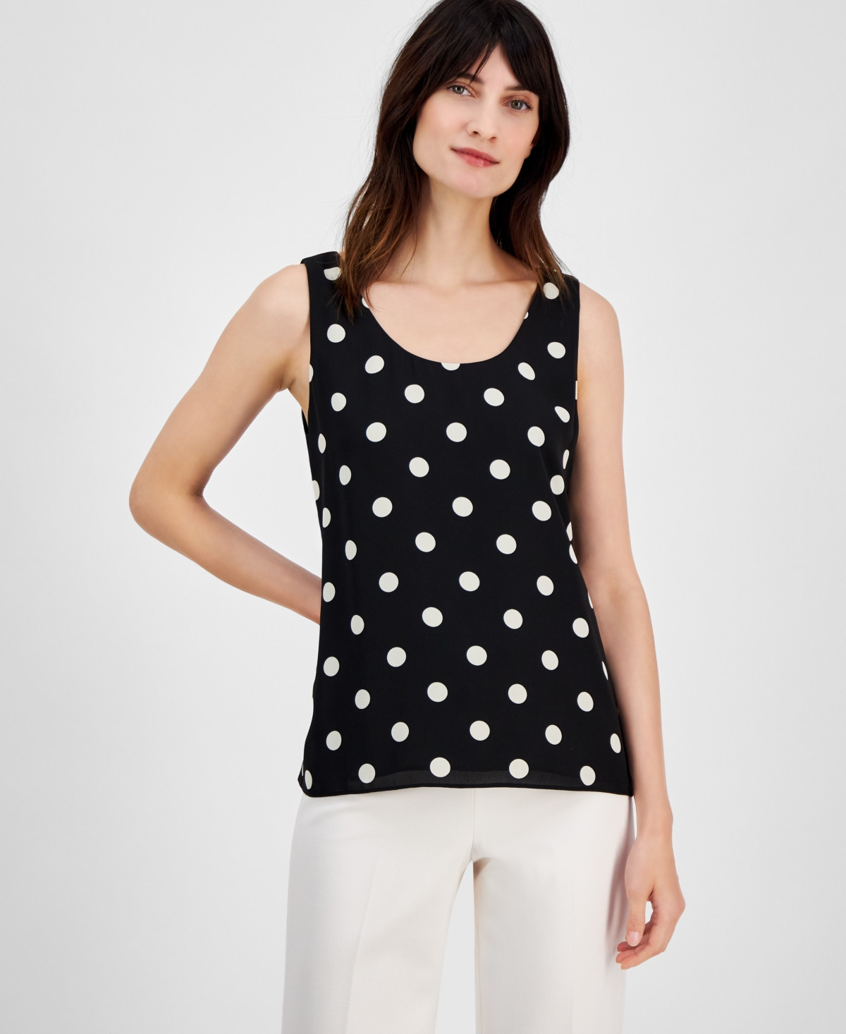 Anne Klein Petite Dot-Print Sleeveless Scoop-Neck Top - Anne Black/Anne White | Macy's
