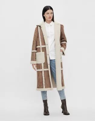 Object long coat with borg seam detail in tan | ASOS (Global)