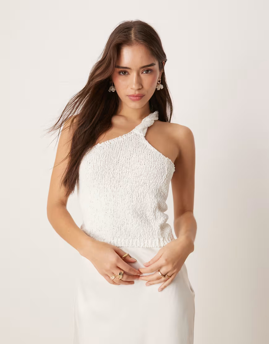 ASOS DESIGN slubby knit twist detail one shoulder top in white | ASOS (Global)