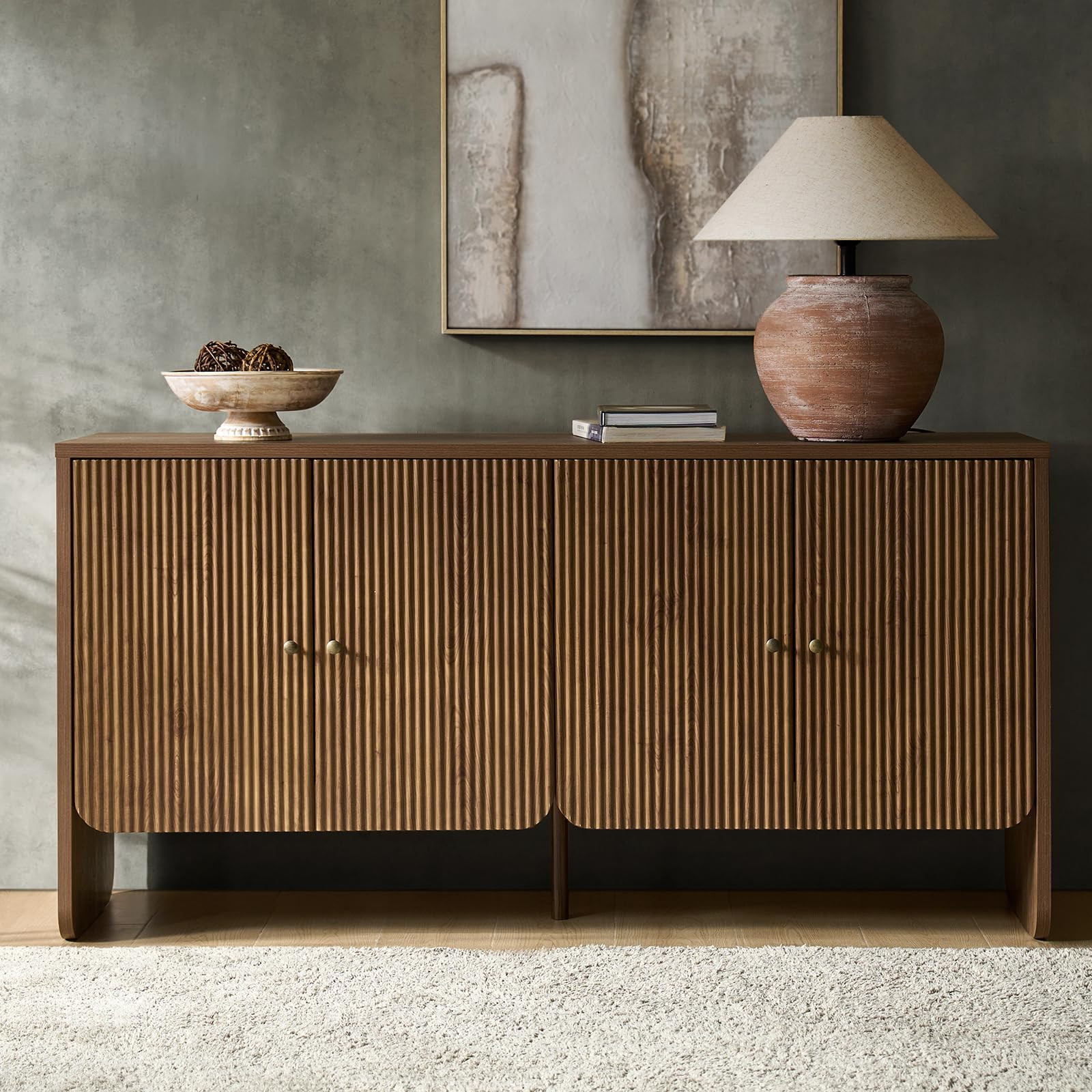 HULALA HOME 63" Wide Fluted Sideboard Buffet Cabinet Solid Wood, Modern Storage with 4 Adjustable... | Amazon (US)