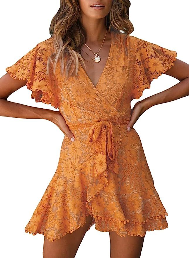 Itsmode Swiss Dot V Neck Mini Dresses for Women Summer Casual Loose Ruffle Short Dresses | Amazon (US)