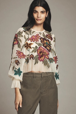 The Layla Long-Sleeve Appliqué Mesh Blouse | Anthropologie (US)