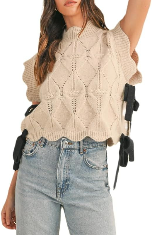NUFIWI Womens Y2K Ribbon Bow Sweater Vest Chunky Cap Sleeve Knit Vest with Bows Casual Lace Up Ba... | Amazon (US)