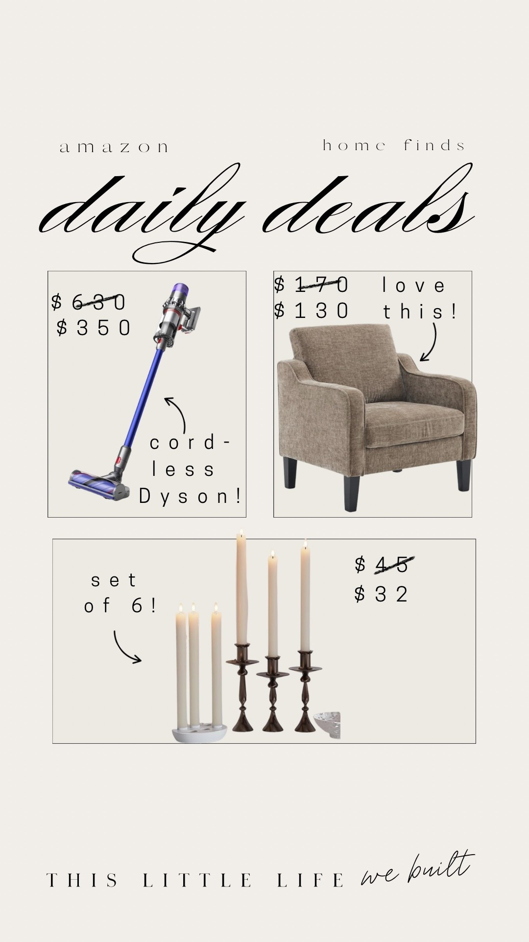 Amazon daily deals! 


Cordless Dyson vacuum, rechargeable flames less candles, accent chair, Amazon home, home decor  

#LTKHome #LTKHoliday #LTKSaleAlert